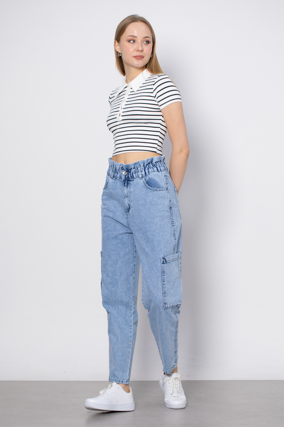 Gömlek yaka crop-6140 Beyaz/Siyah