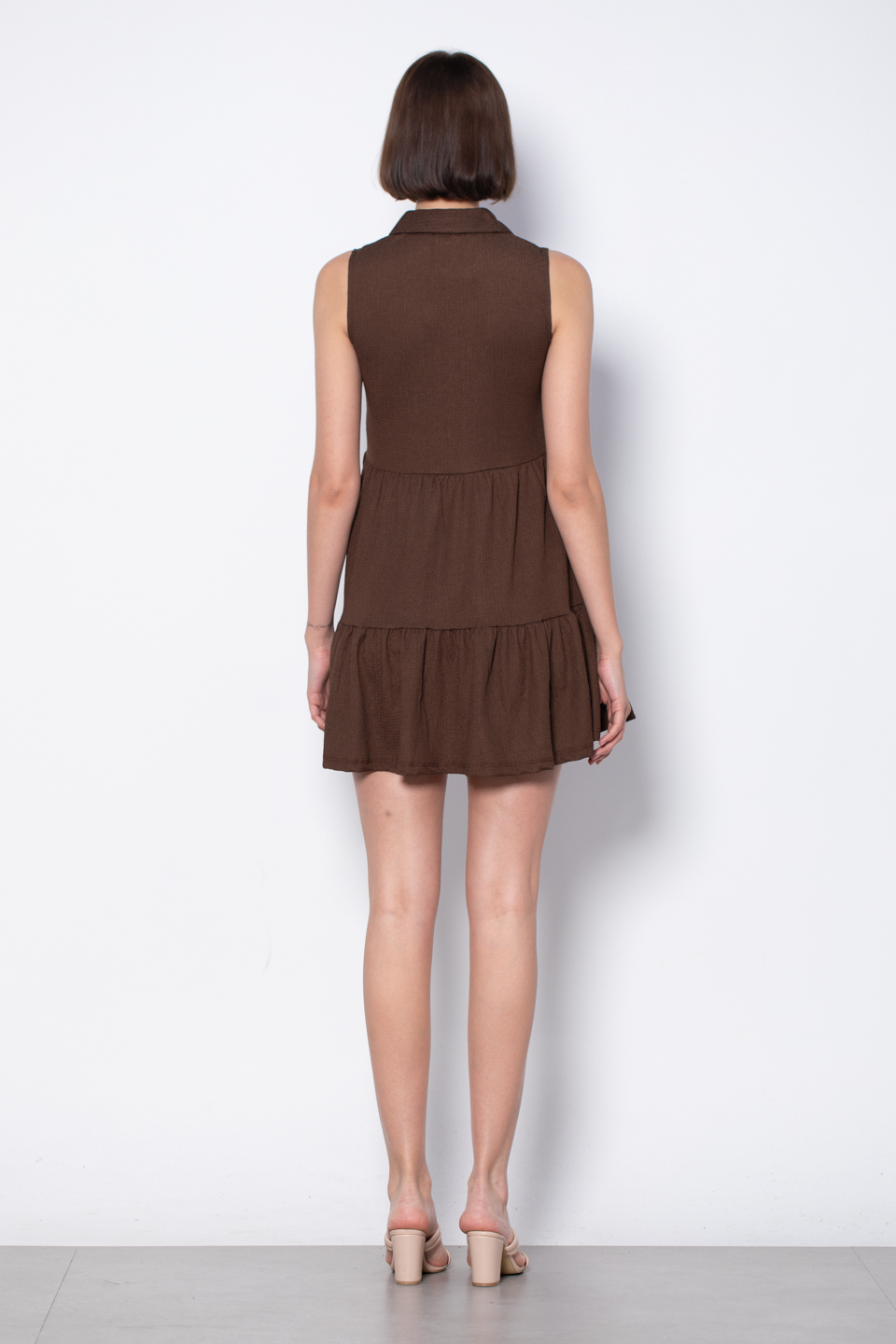 Gömlek yaka düğmeli mini elbise-5599 Kahve