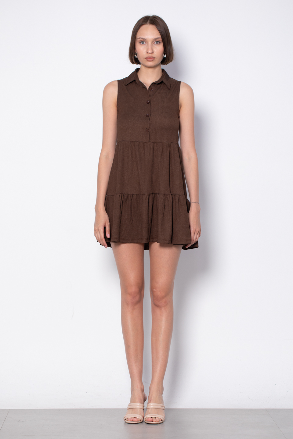 Gömlek yaka düğmeli mini elbise-5599 Kahve