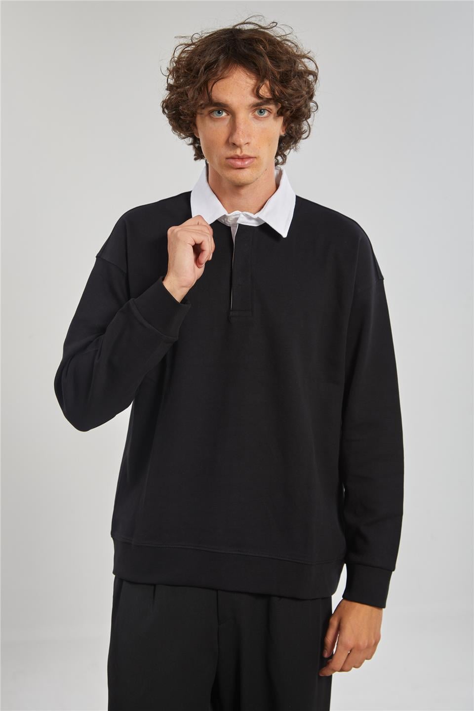 Gömlek Yaka Oversize Erkek Sweatshirt - Siyah