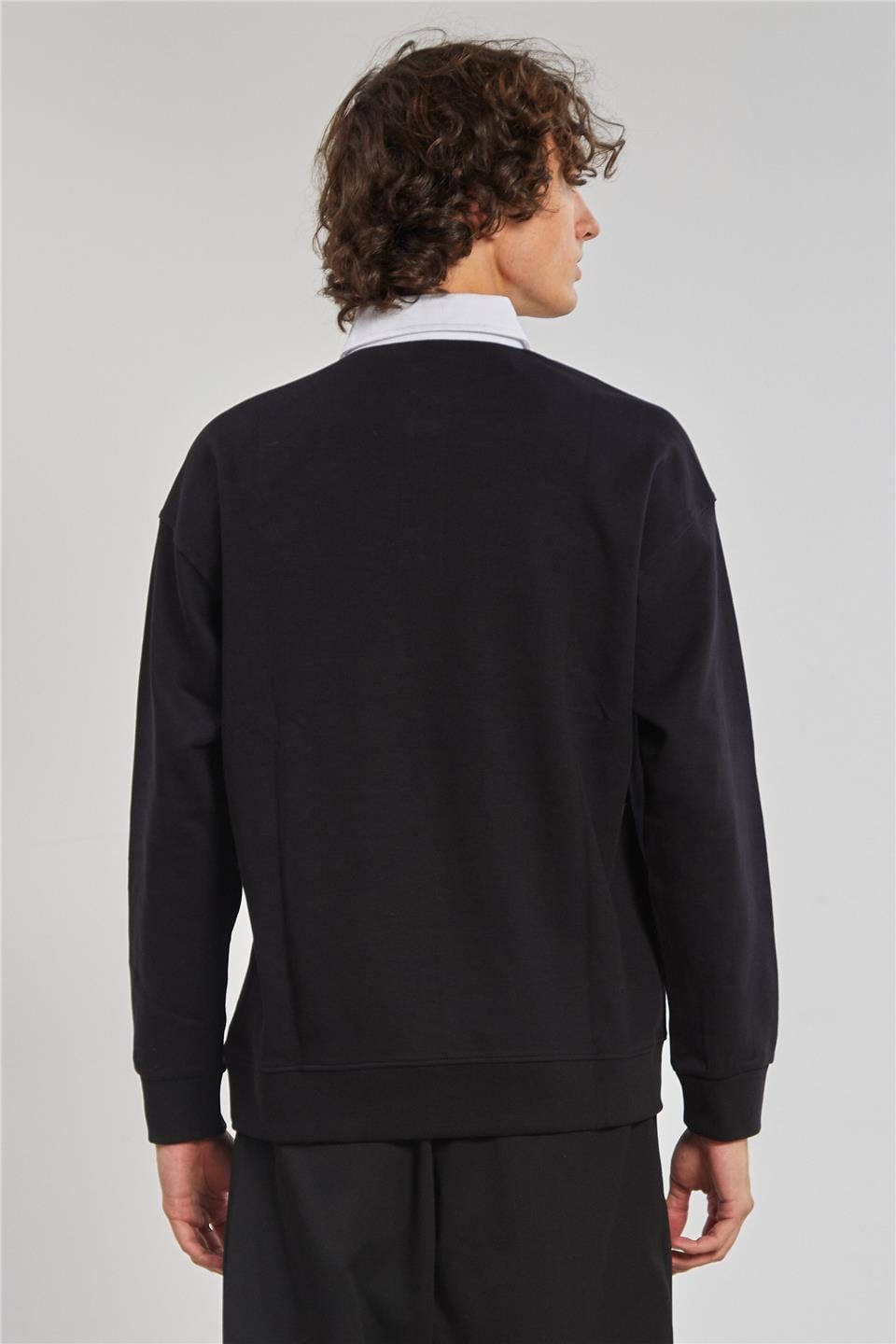 Gömlek Yaka Oversize Erkek Sweatshirt - Siyah