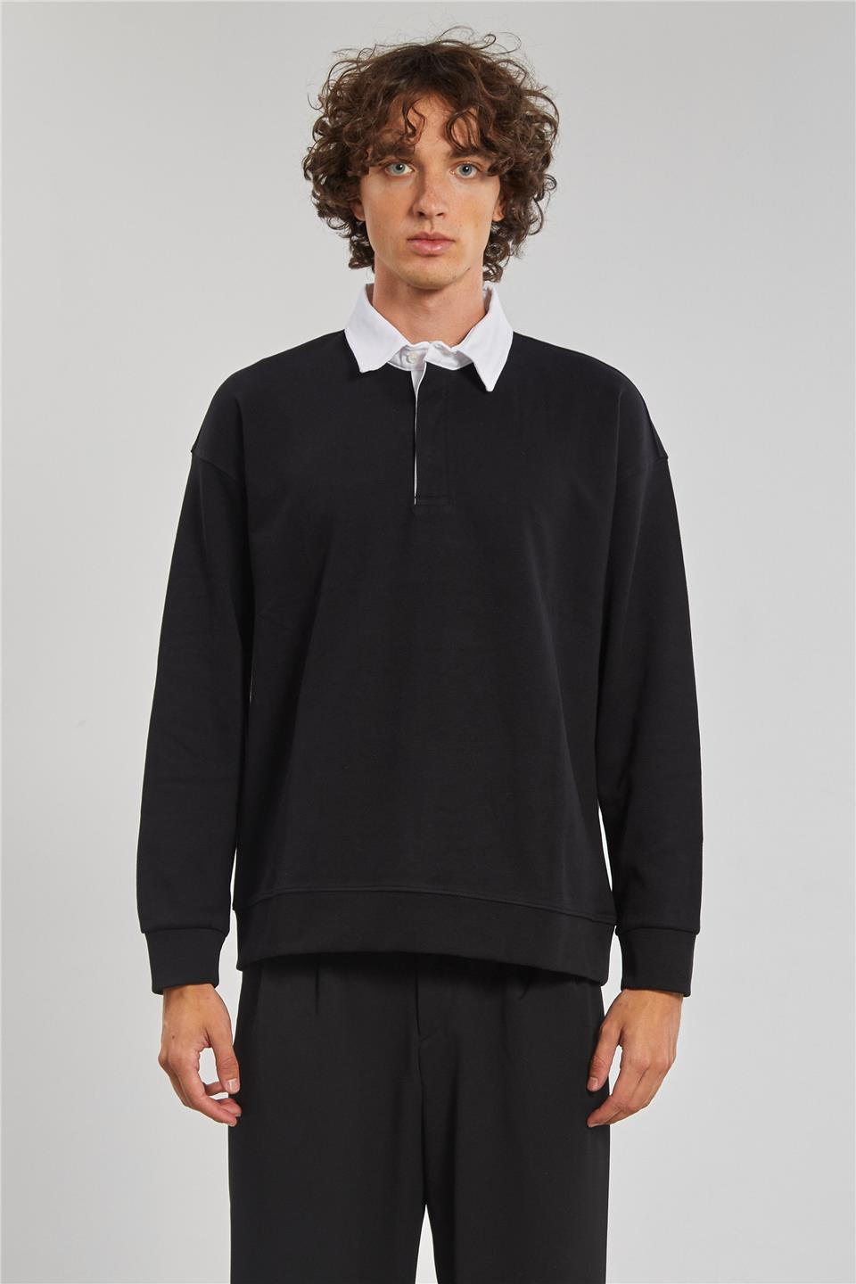Gömlek Yaka Oversize Erkek Sweatshirt - Siyah