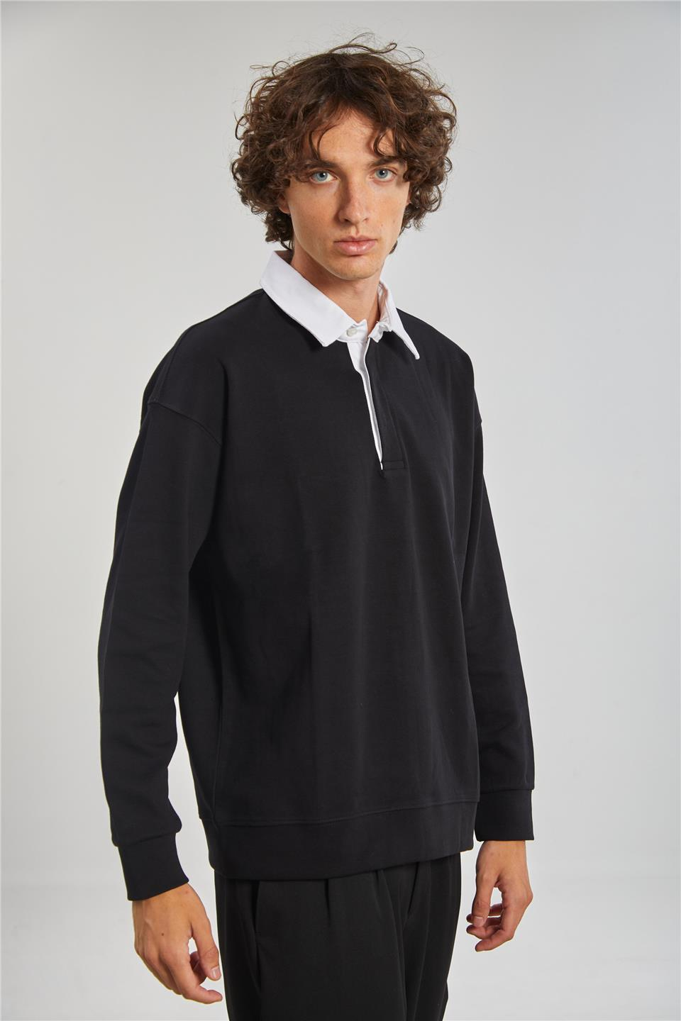 Gömlek Yaka Oversize Erkek Sweatshirt - Siyah