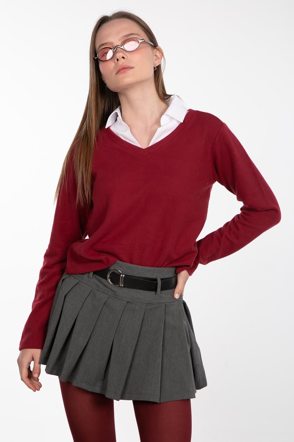Gömlek yaka yumoş kazak-4658 Bordo