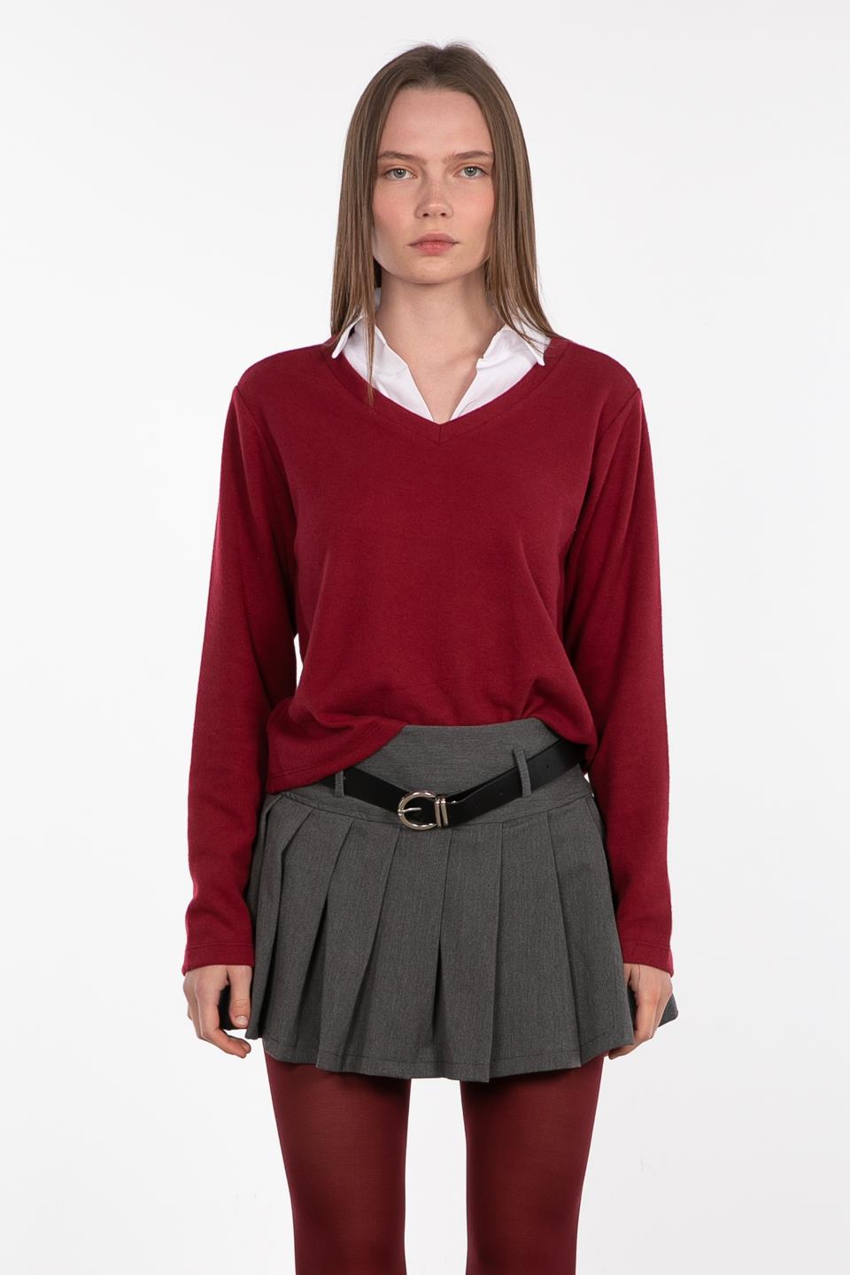 Gömlek yaka yumoş kazak-4658 Bordo