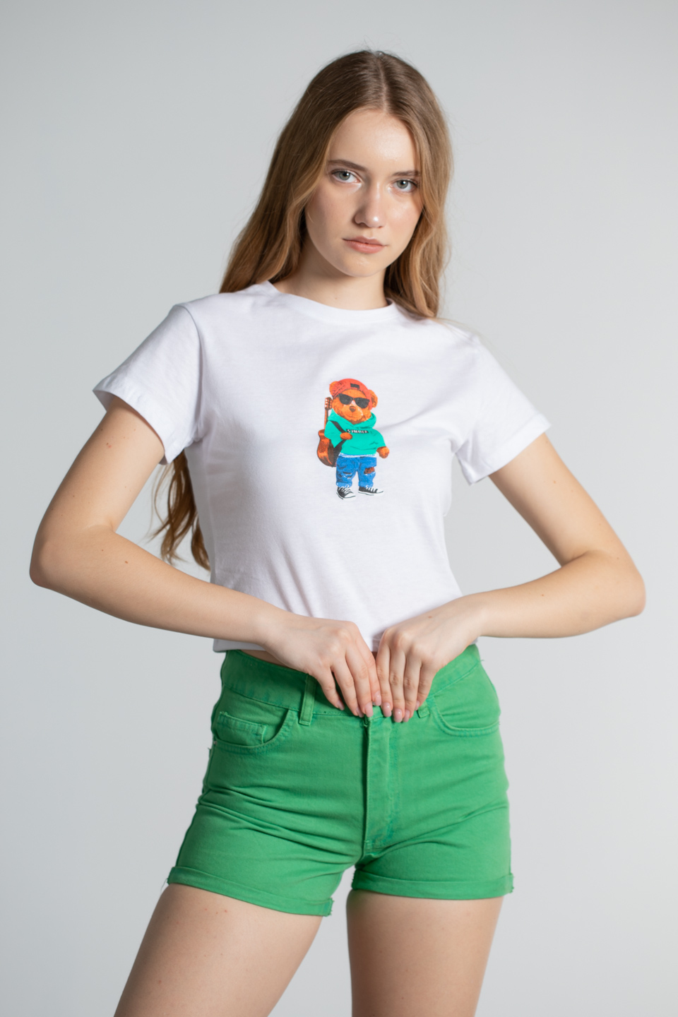 Gözlüklü ayıcık baskılı t-shirt-2387 Beyaz
