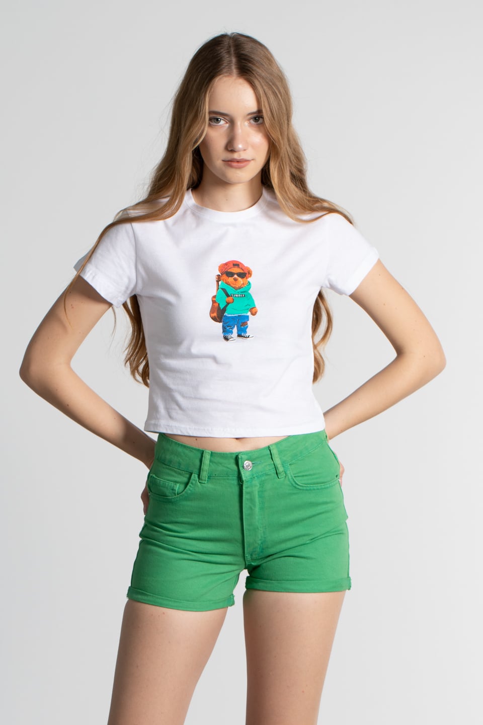 Gözlüklü ayıcık baskılı t-shirt-2387 Beyaz