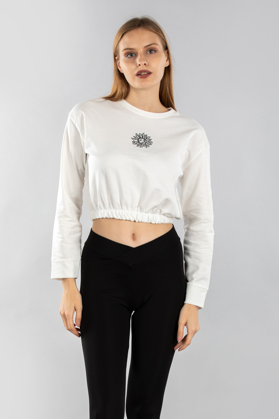 Güneş nakışlı crop sweat-4287 Beyaz