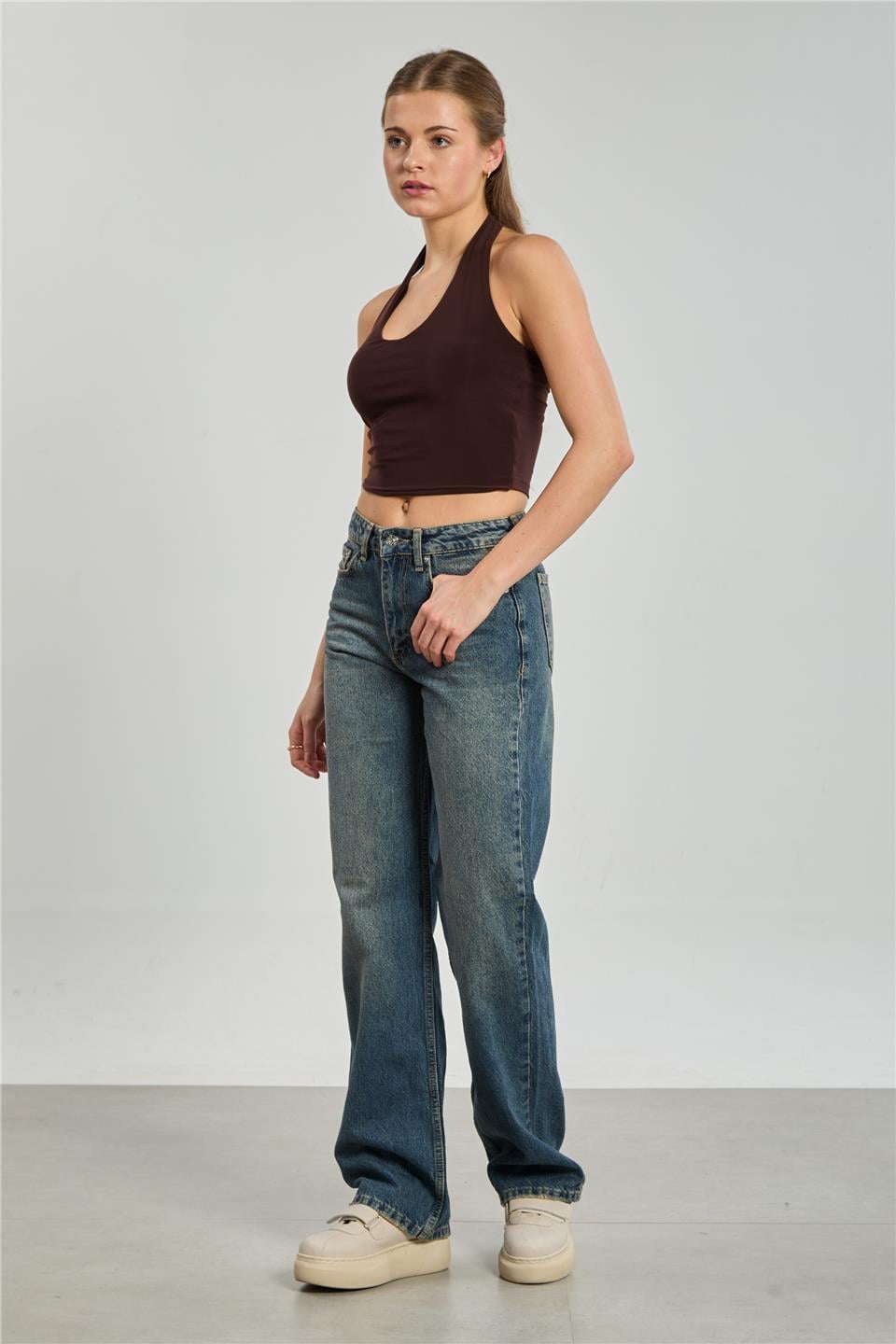 Halter yaka bluz-13835 Kahve