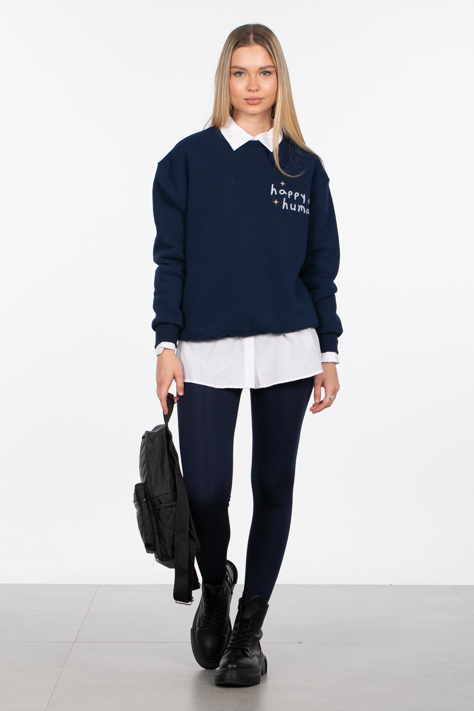 Happy human baskılı sweatshirt-83-566 Lacivert