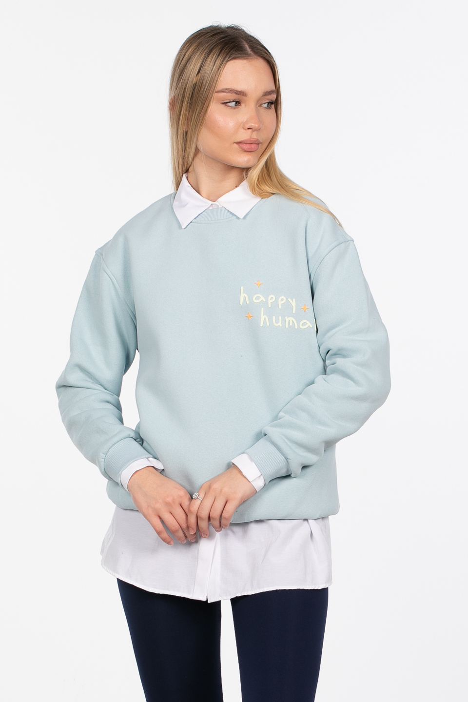 Happy human baskılı sweatshirt-83-566 A.Mavi