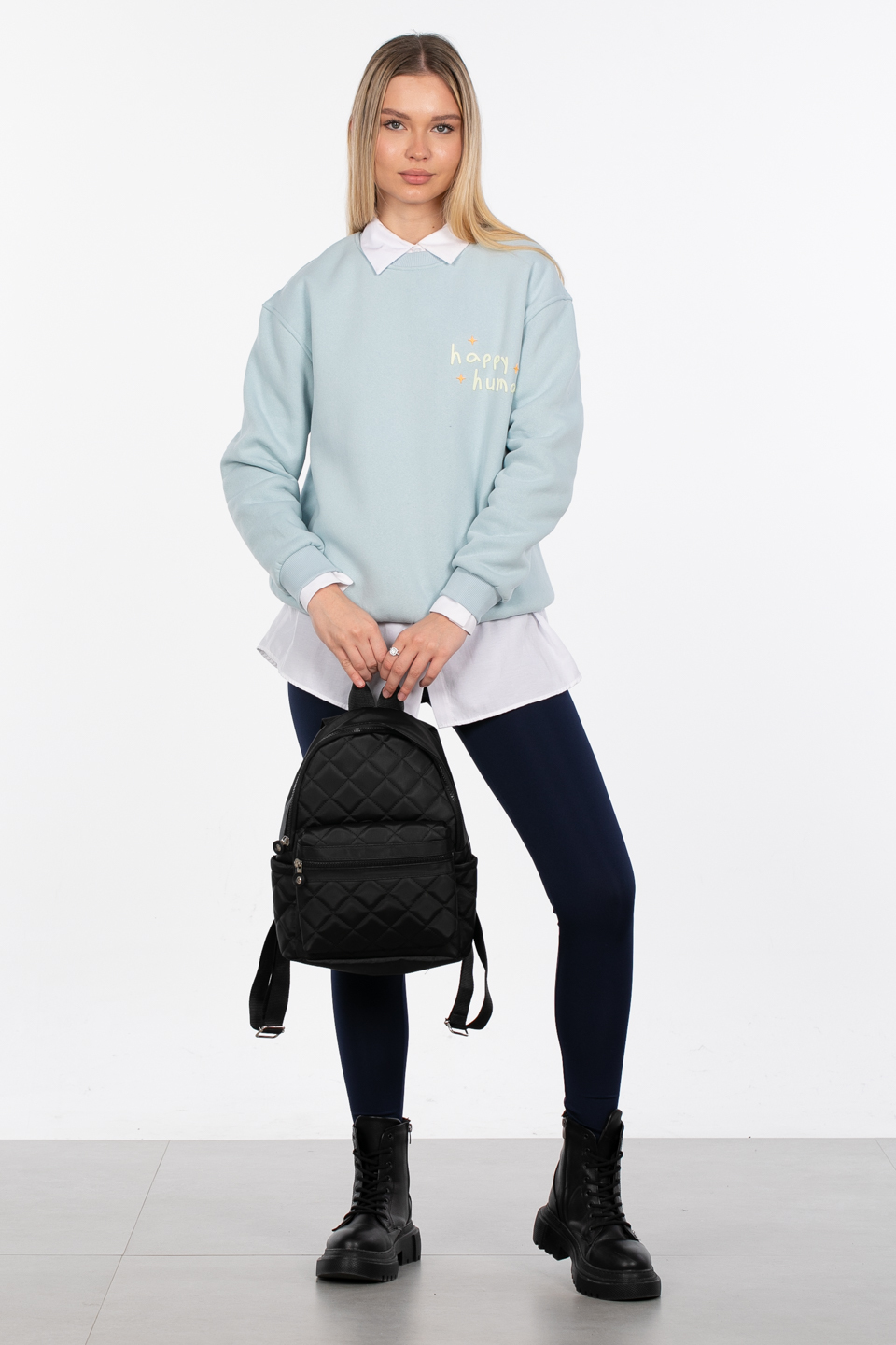Happy human baskılı sweatshirt-83-566 A.Mavi