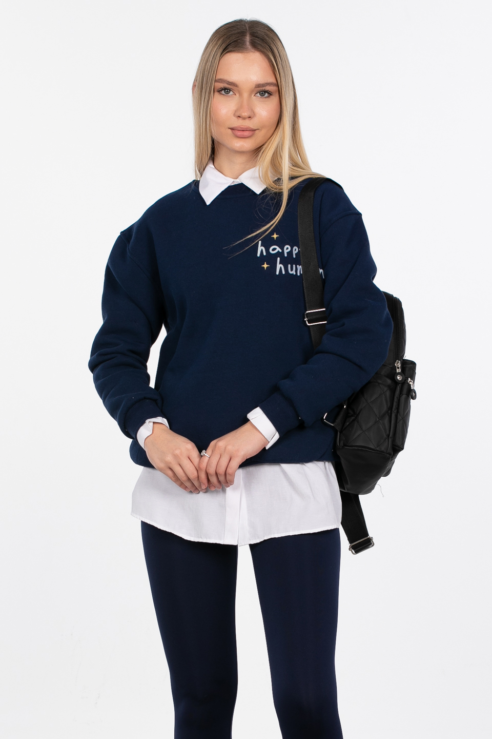 Happy human baskılı sweatshirt-83-566 Lacivert