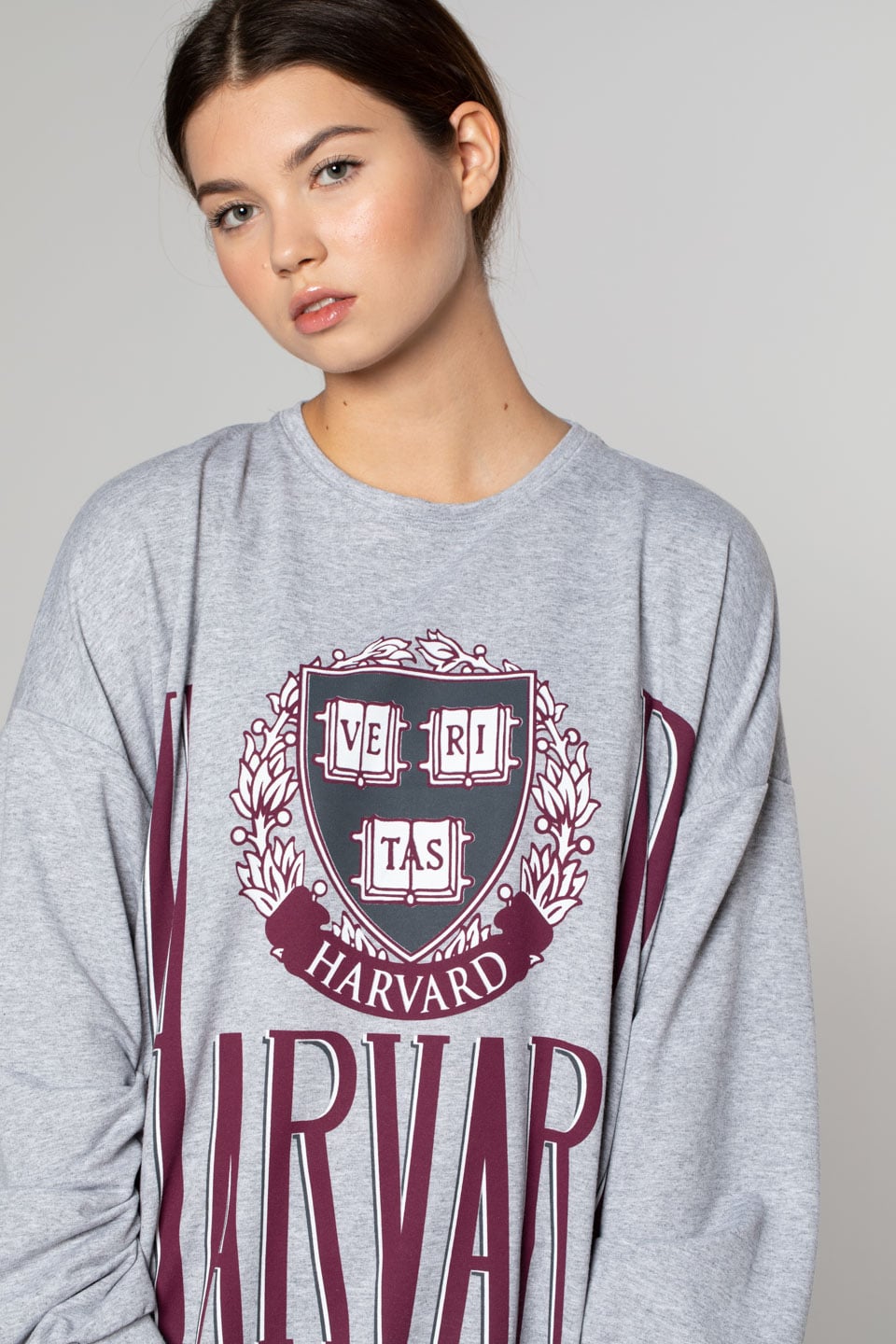 Harvard Baskılı Over Size Sweatshirt-Gri