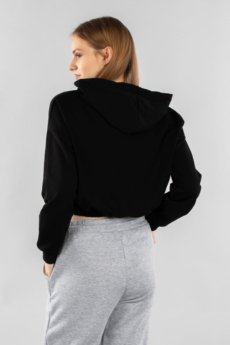 Hologram yazı baskılı crop sweatshırt-9670 Siyah