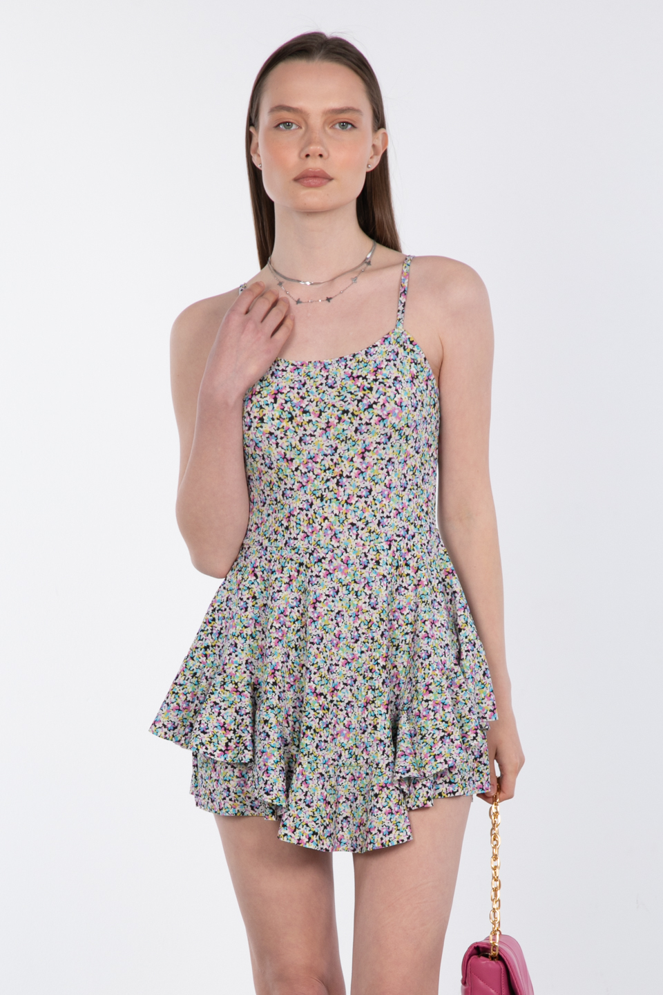 İçi şortlu mini elbise-T-44 Mavi/Yeşil/Pembe Ç.