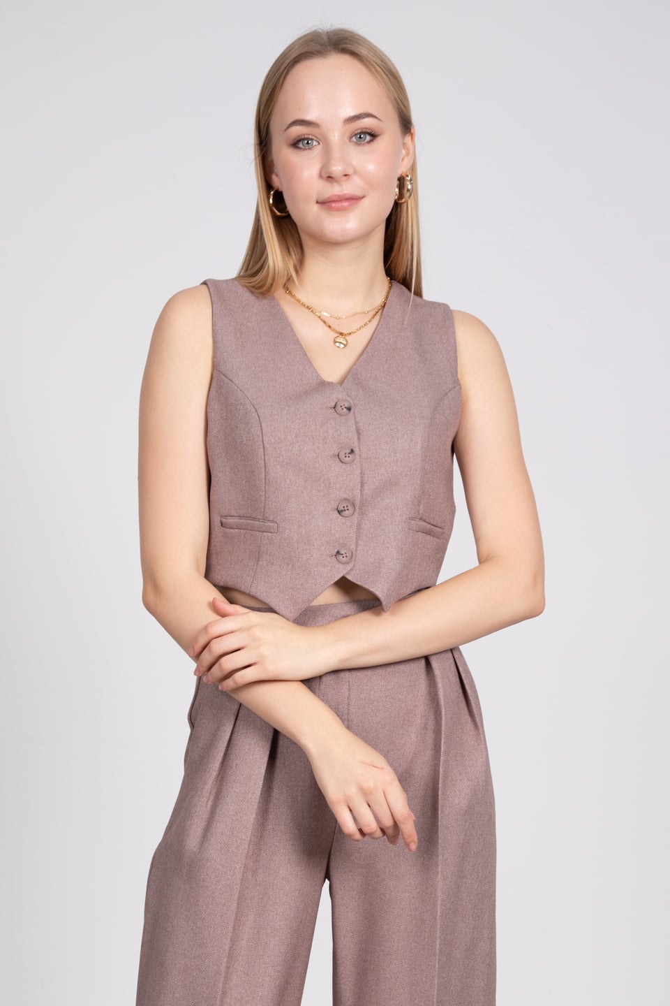 İki cepli v yaka yelek-7074 Vizon