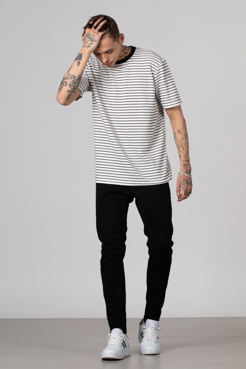 İnce çizgili jakar t-shirt-228 Beyaz