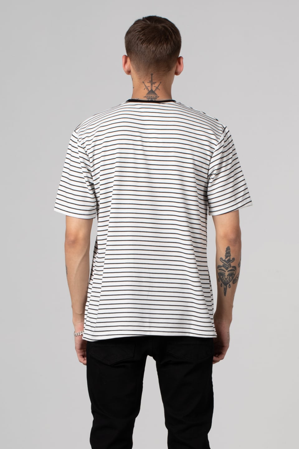 İnce çizgili jakar t-shirt-228 Beyaz
