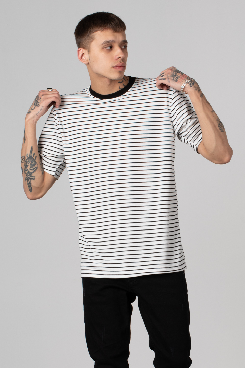 İnce çizgili jakar t-shirt-228 Beyaz