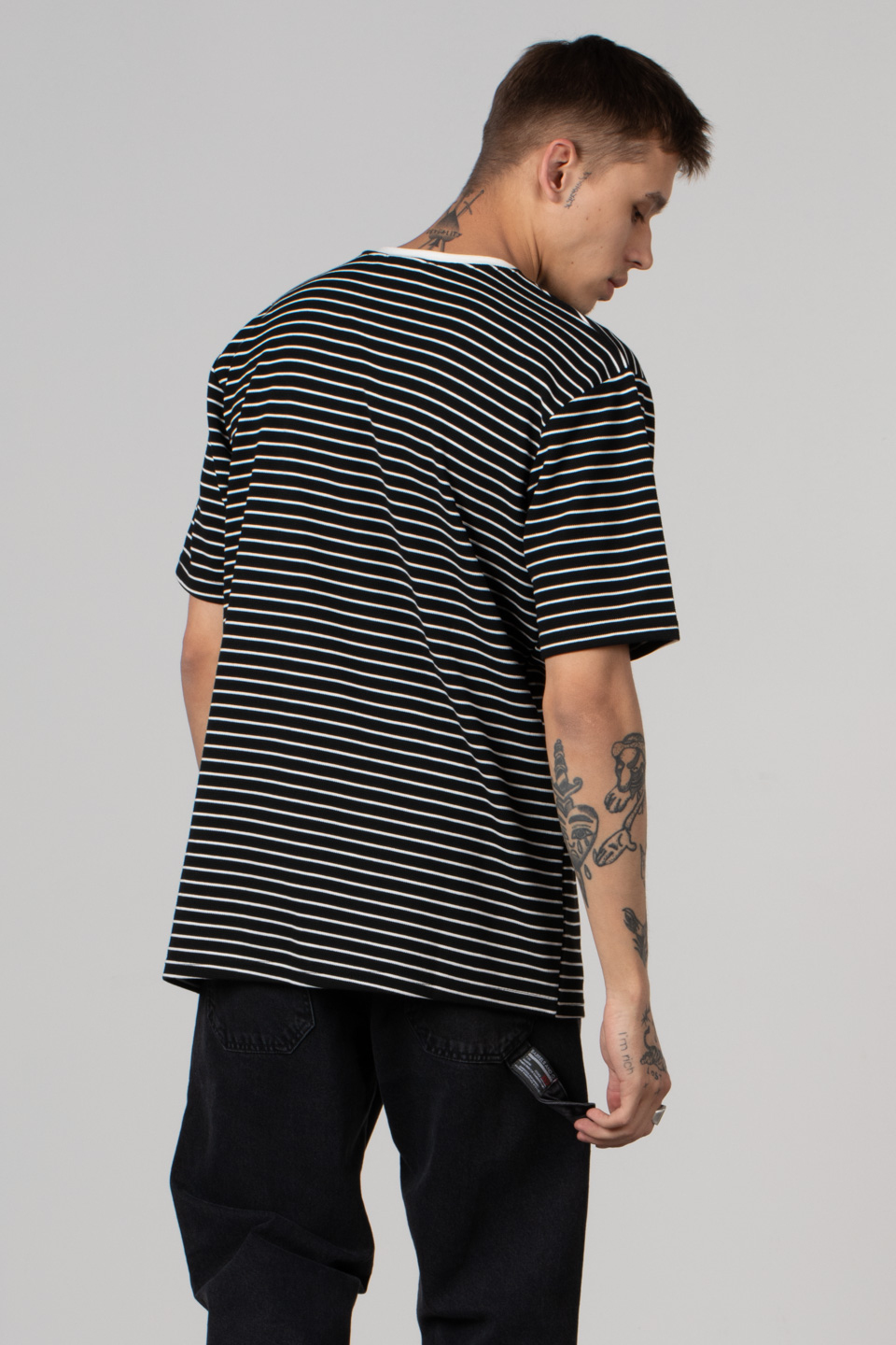 İnce çizgili jakar t-shirt-228 Siyah