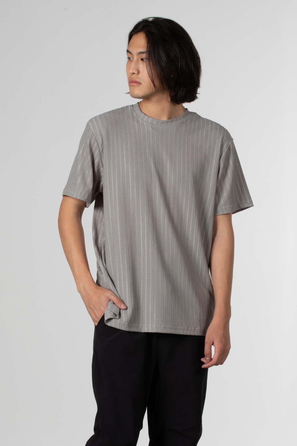 İnce çizgili jakar t-shirt-8021 A.Gri
