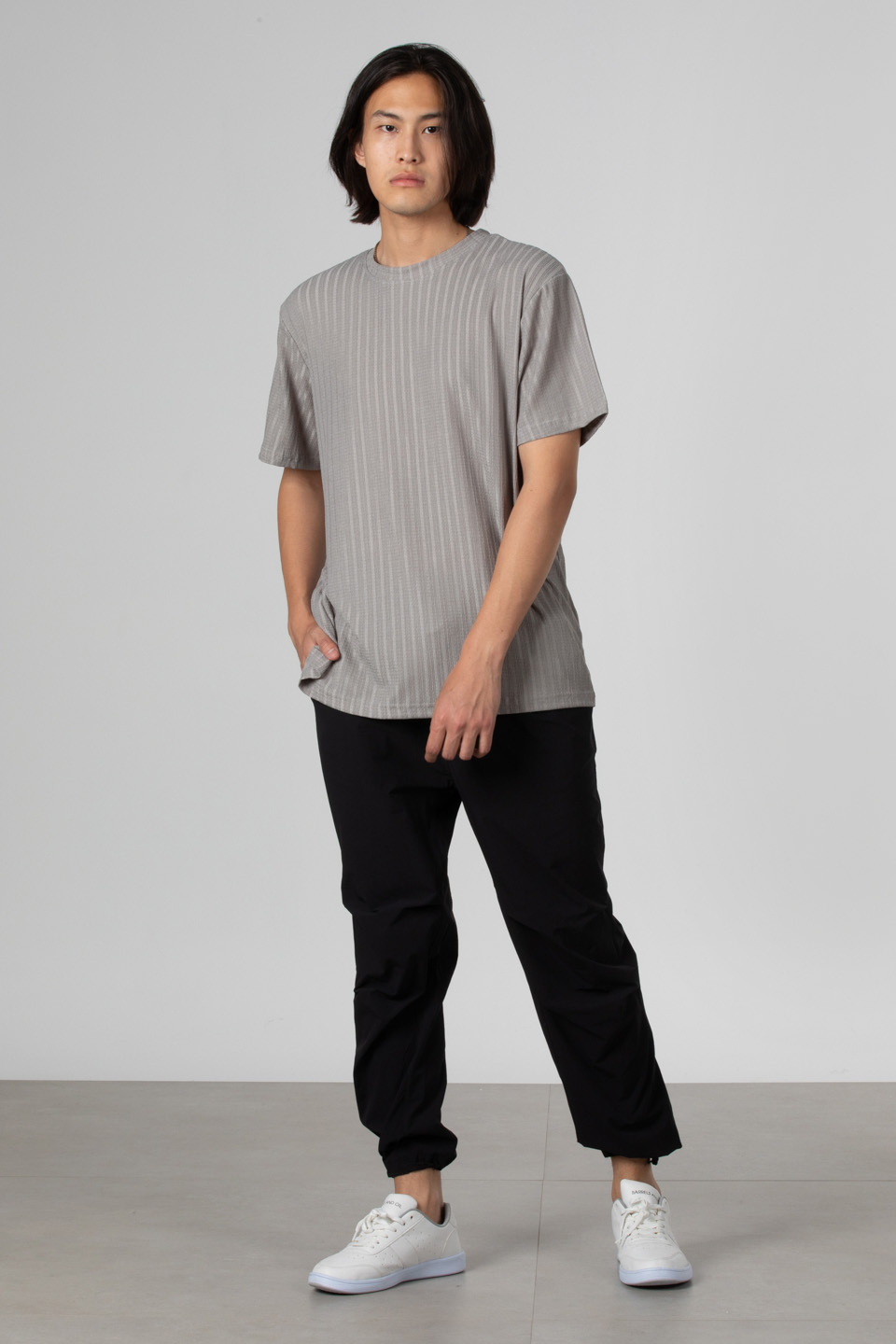 İnce çizgili jakar t-shirt-8021 A.Gri