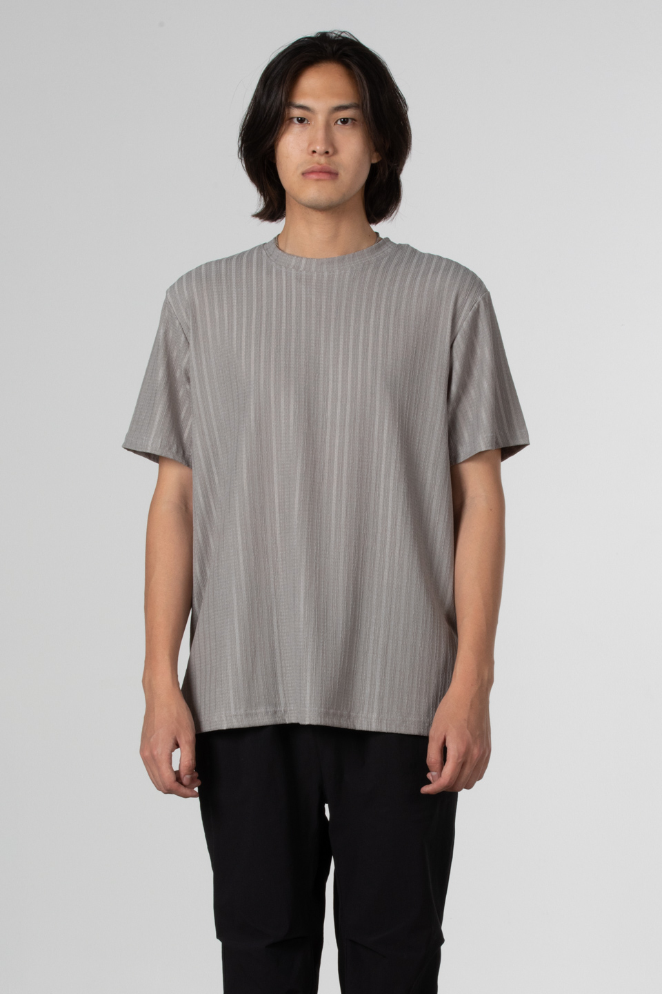 İnce çizgili jakar t-shirt-8021 A.Gri