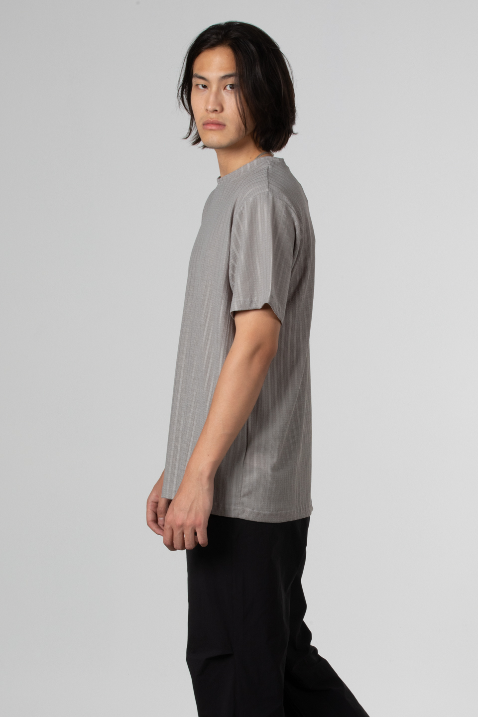 İnce çizgili jakar t-shirt-8021 A.Gri