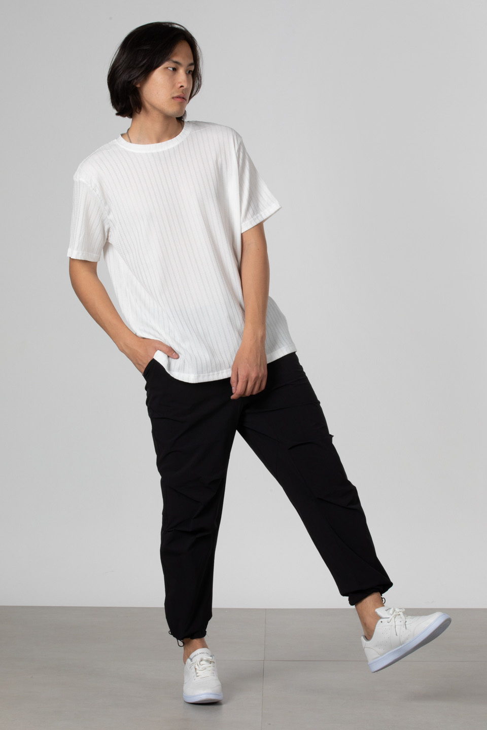 İnce çizgili jakar t-shirt-8021 Ekru
