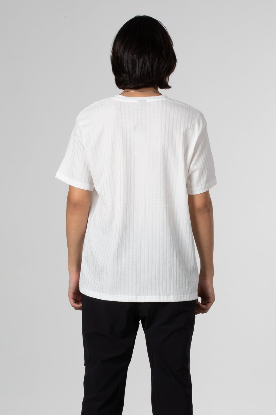 İnce çizgili jakar t-shirt-8021 Ekru