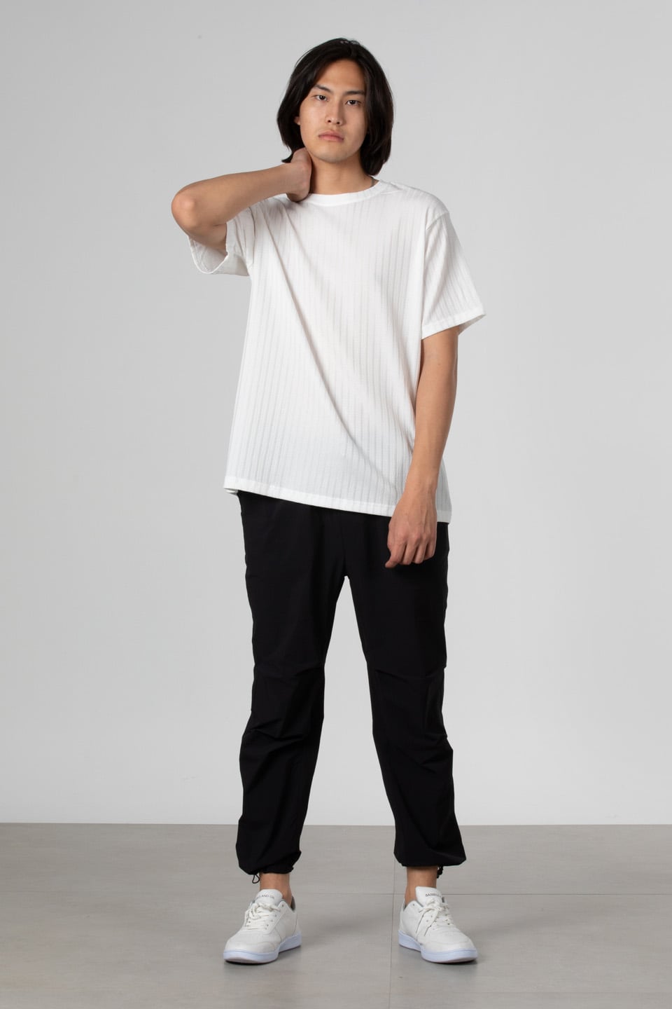 İnce çizgili jakar t-shirt-8021 Ekru