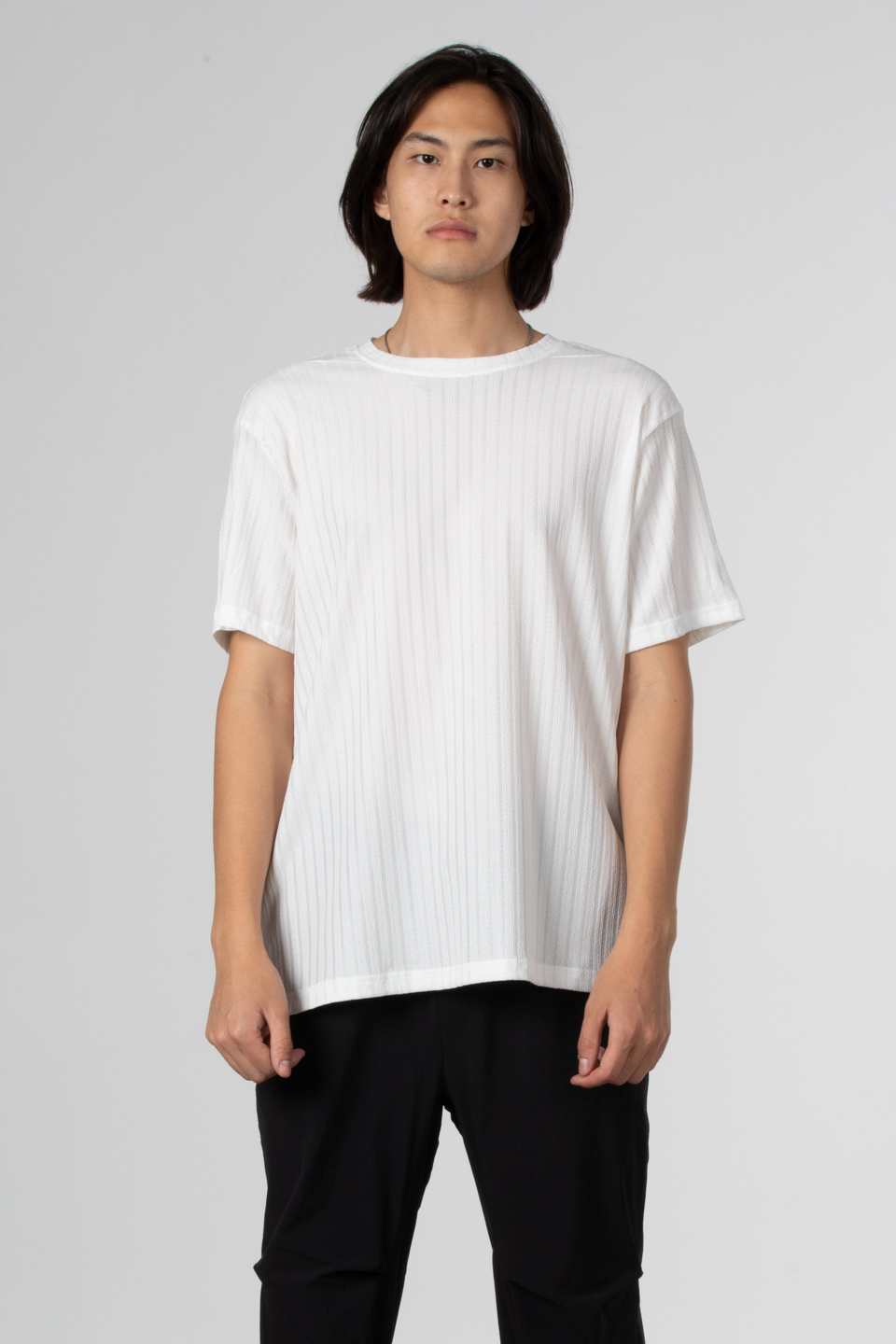 İnce çizgili jakar t-shirt-8021 Ekru