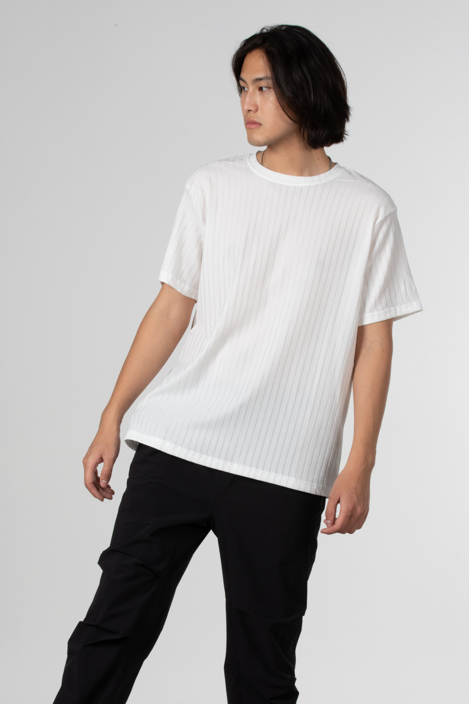 İnce çizgili jakar t-shirt-8021 Ekru
