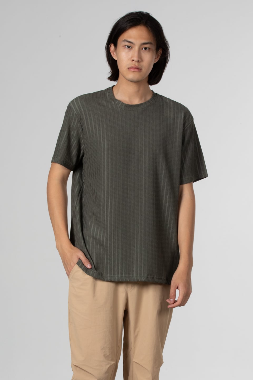 İnce çizgili jakar t-shirt-8021 Haki