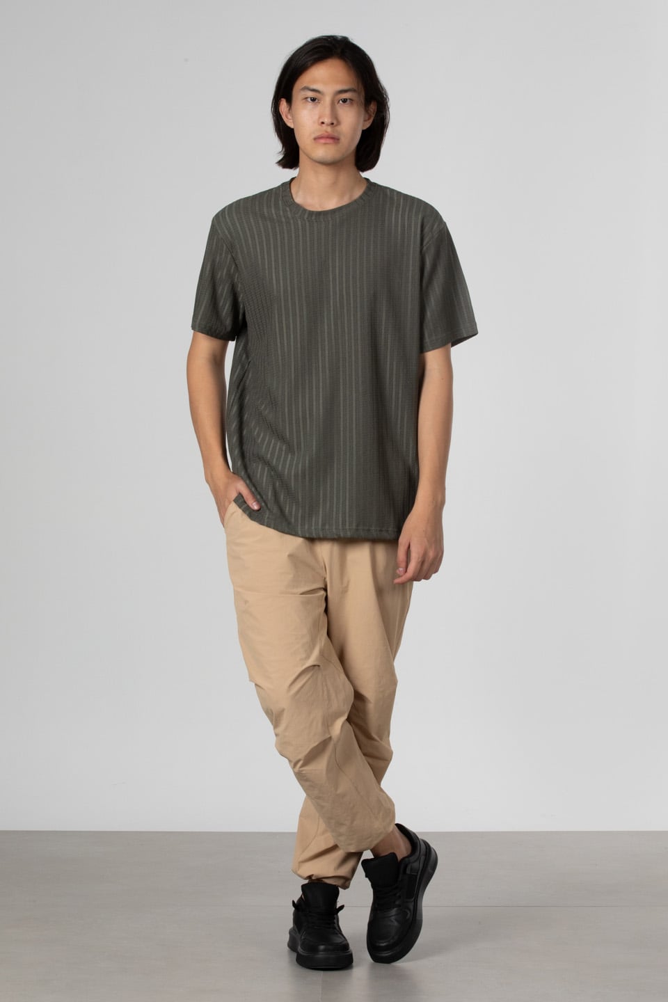 İnce çizgili jakar t-shirt-8021 Haki