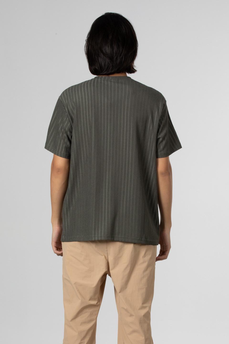 İnce çizgili jakar t-shirt-8021 Haki