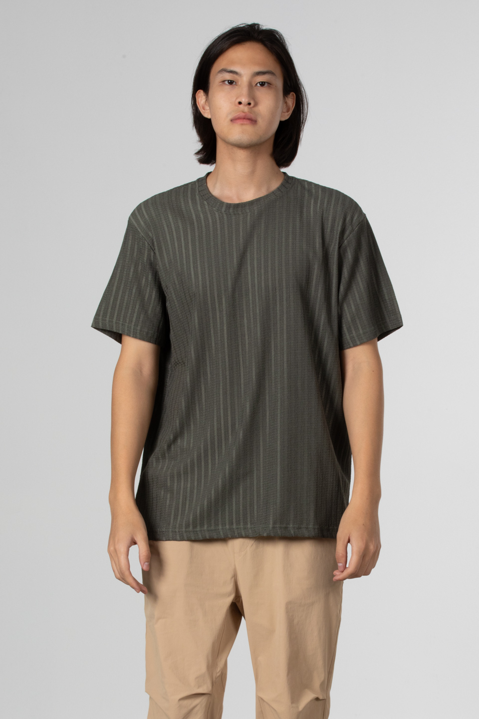 İnce çizgili jakar t-shirt-8021 Haki