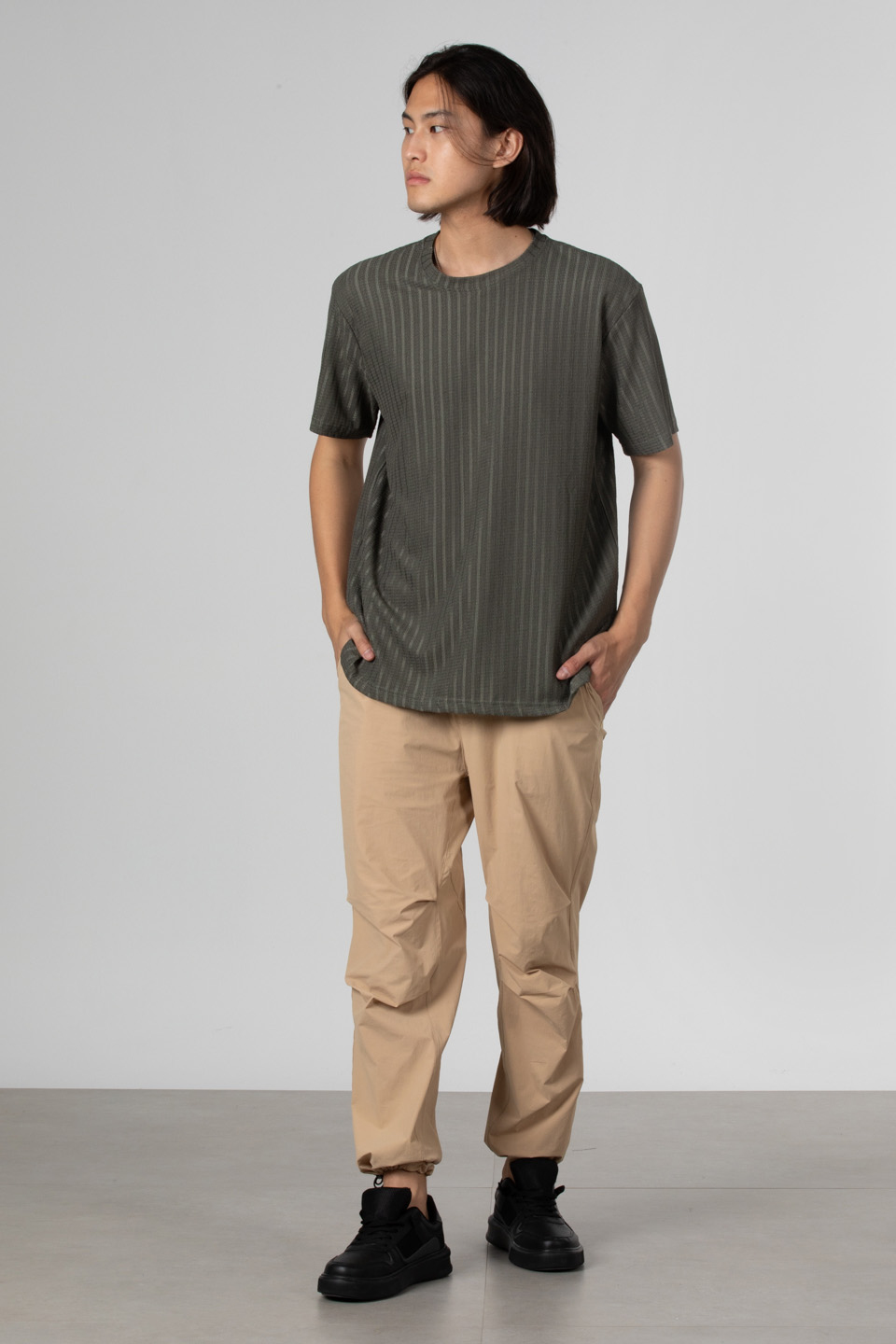 İnce çizgili jakar t-shirt-8021 Haki