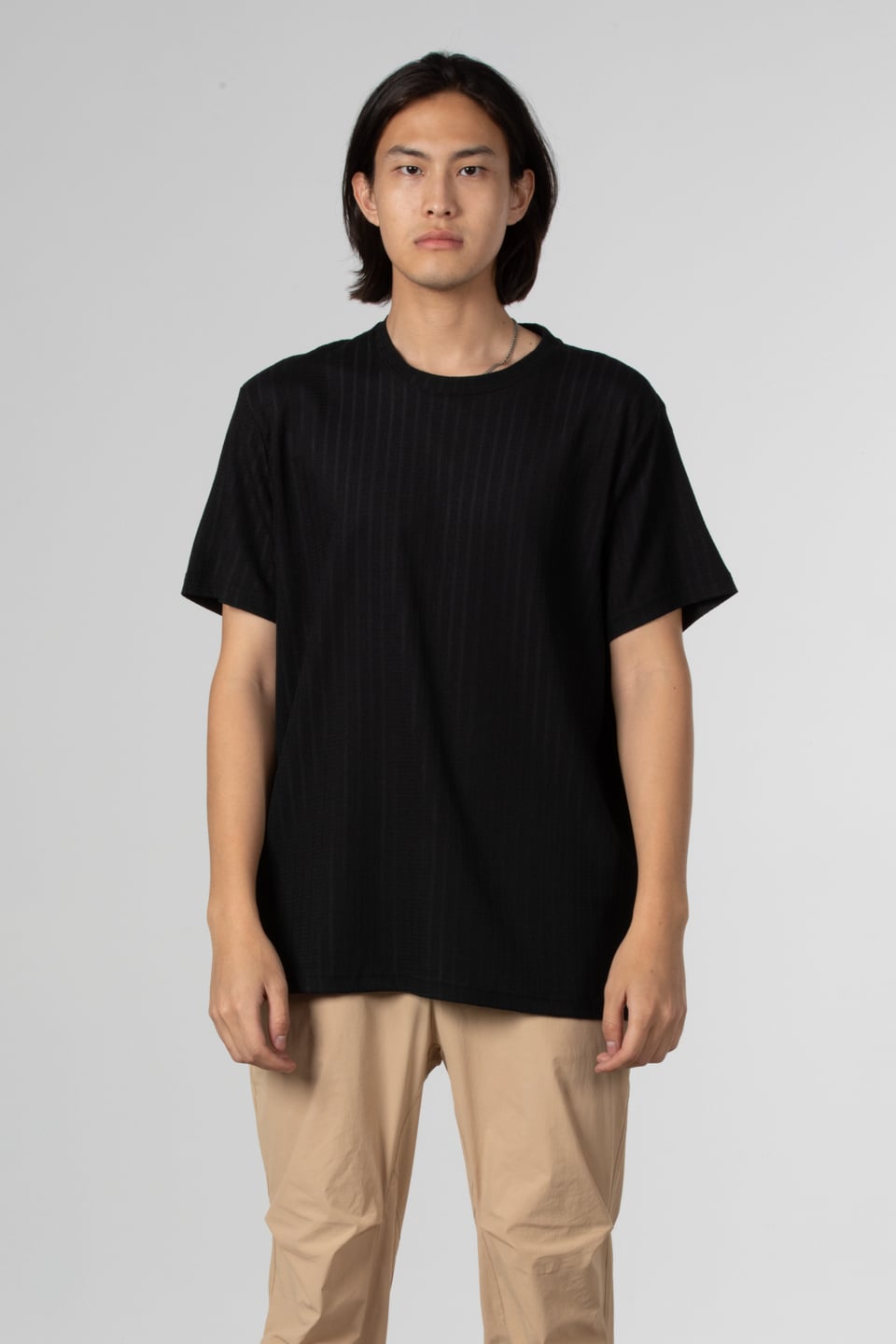 İnce çizgili jakar t-shirt-8021 Siyah