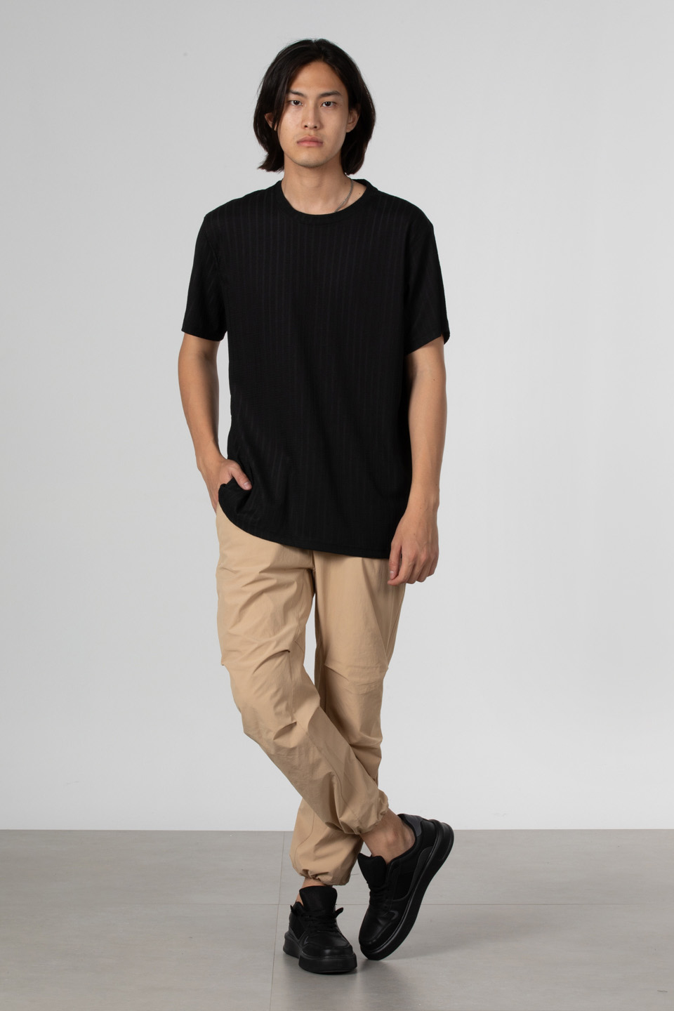 İnce çizgili jakar t-shirt-8021 Siyah
