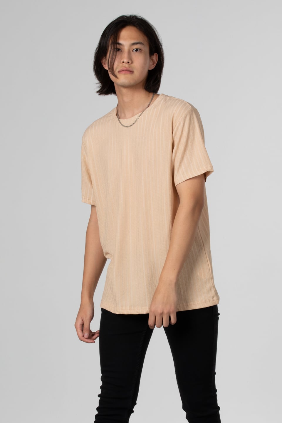 İnce çizgili jakar t-shirt-8021 Taş