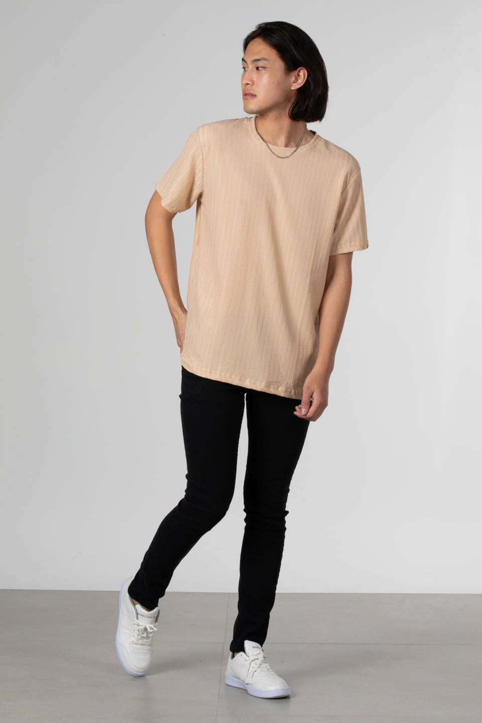 İnce çizgili jakar t-shirt-8021 Taş