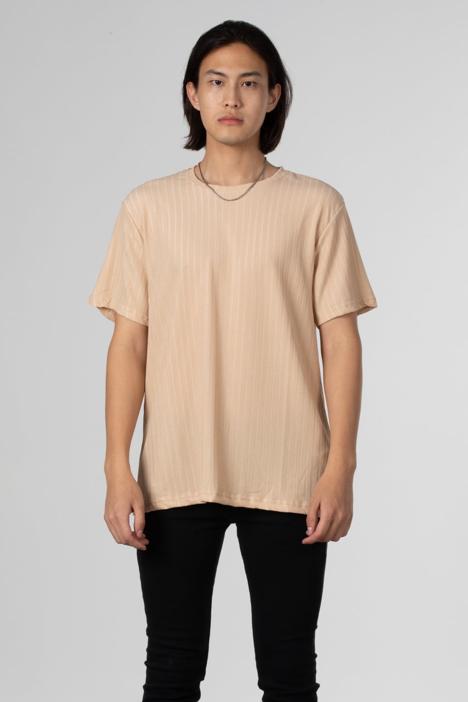 İnce çizgili jakar t-shirt-8021 Taş