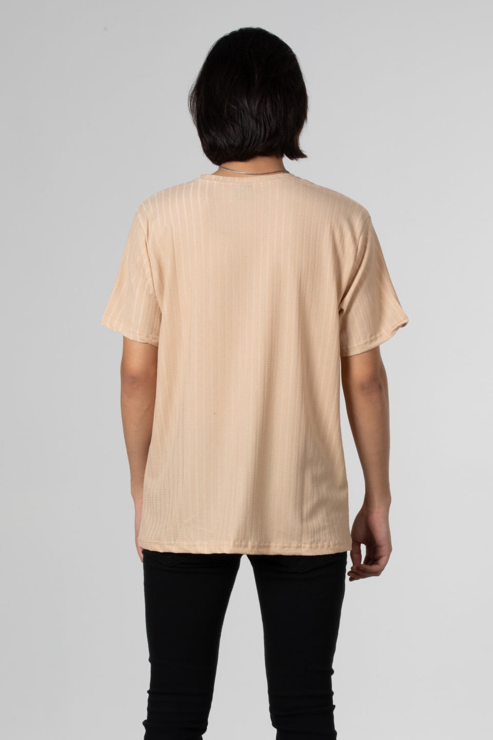 İnce çizgili jakar t-shirt-8021 Taş