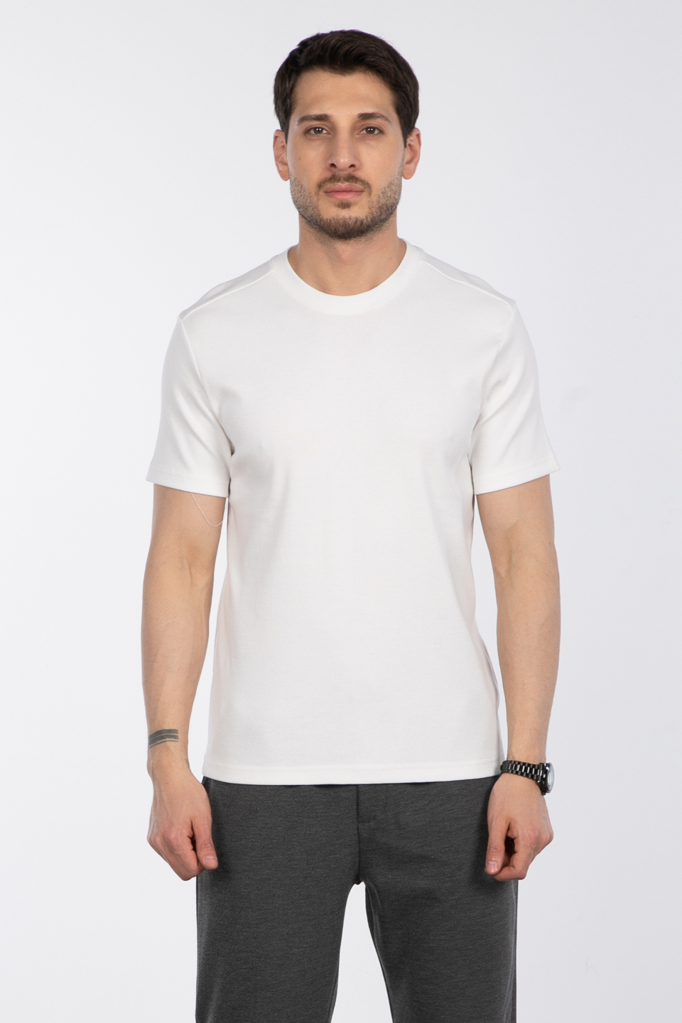 İnce fitilli basıc t-shirt-2936 Ekru