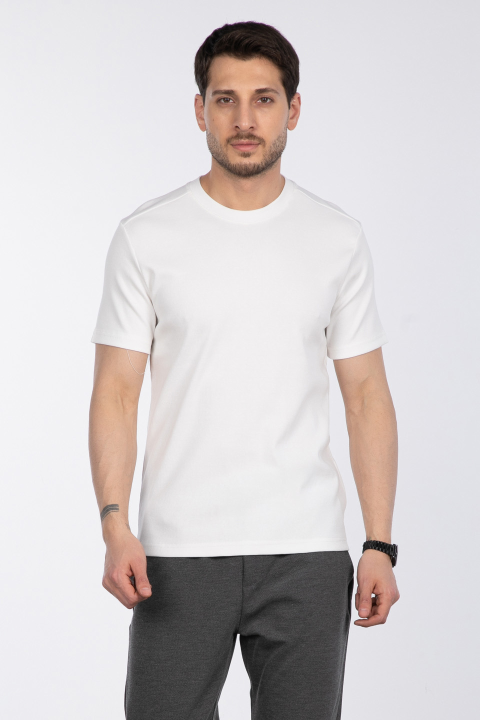 İnce fitilli basıc t-shirt-2936 Ekru