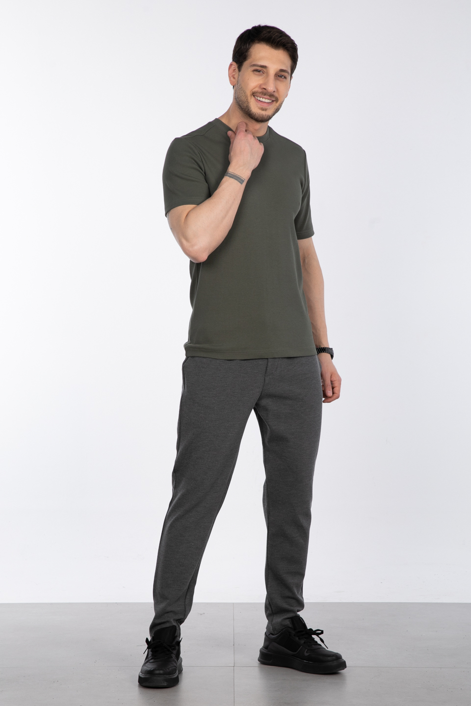 İnce fitilli basıc t-shirt-2936 Haki