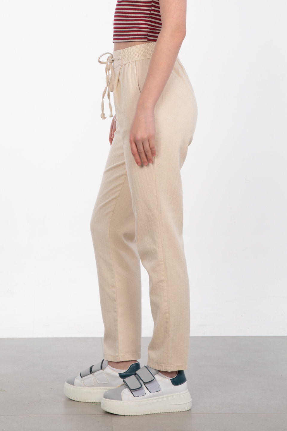 İp bağlamalı beli lastikli pantolon- 009 Yağmur Desen