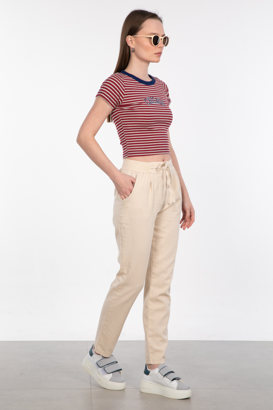 İp bağlamalı beli lastikli pantolon- 009 Yağmur Desen